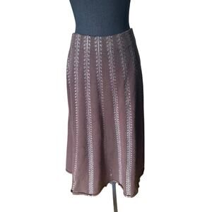 Luna Brown Boho Midi Skirt with Embroidered Vertical Stripes
